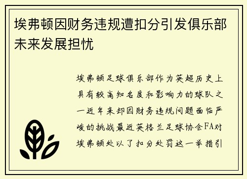 埃弗顿因财务违规遭扣分引发俱乐部未来发展担忧 埃弗顿因财务违规遭扣分引发俱乐部未来发展担忧